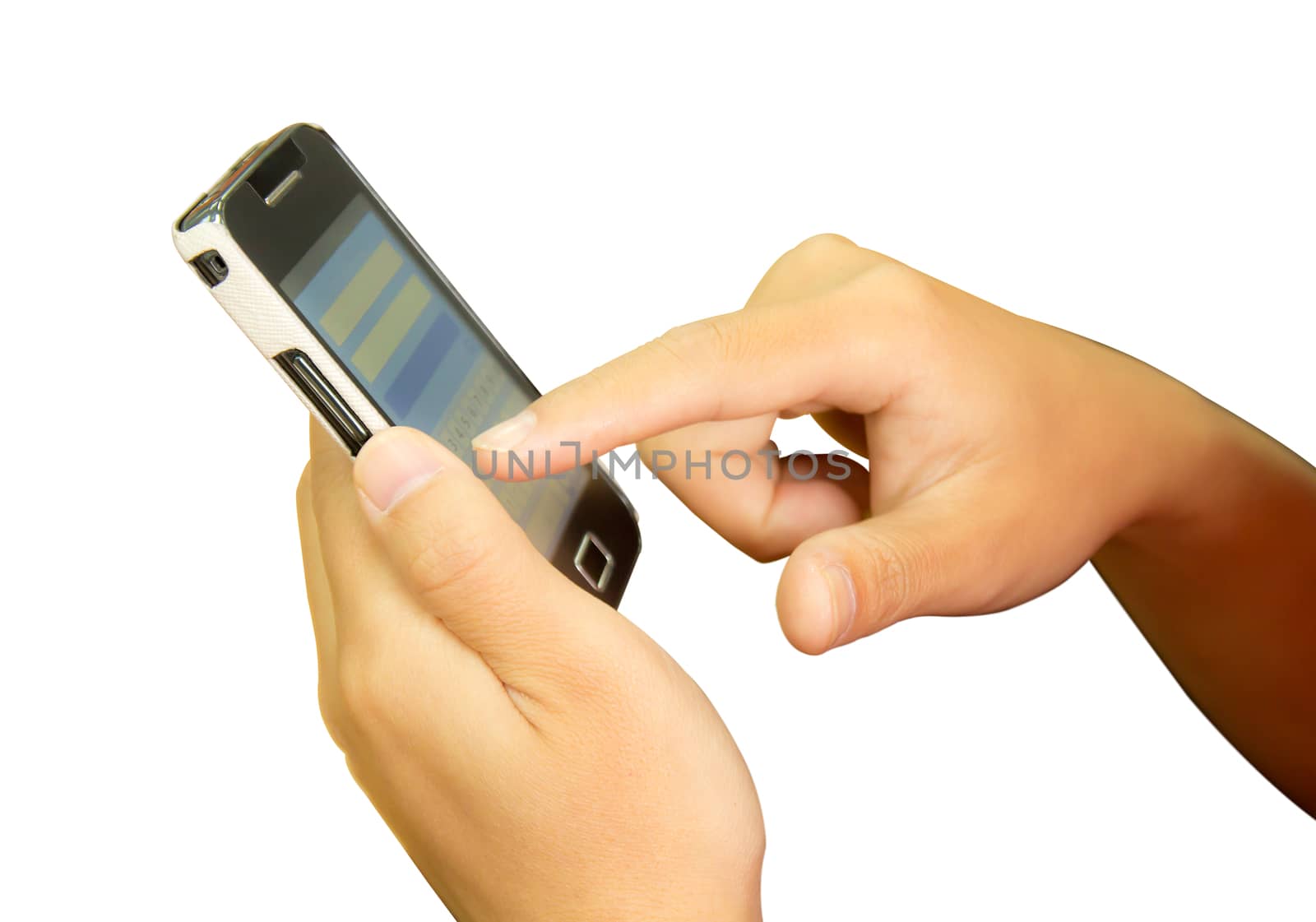 Mobile phone With hand, isolated on white background