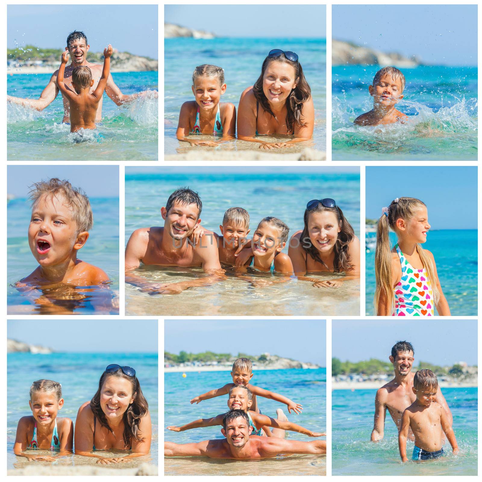 Collage of images portrait of happy family laughing and looking at camera on the beach