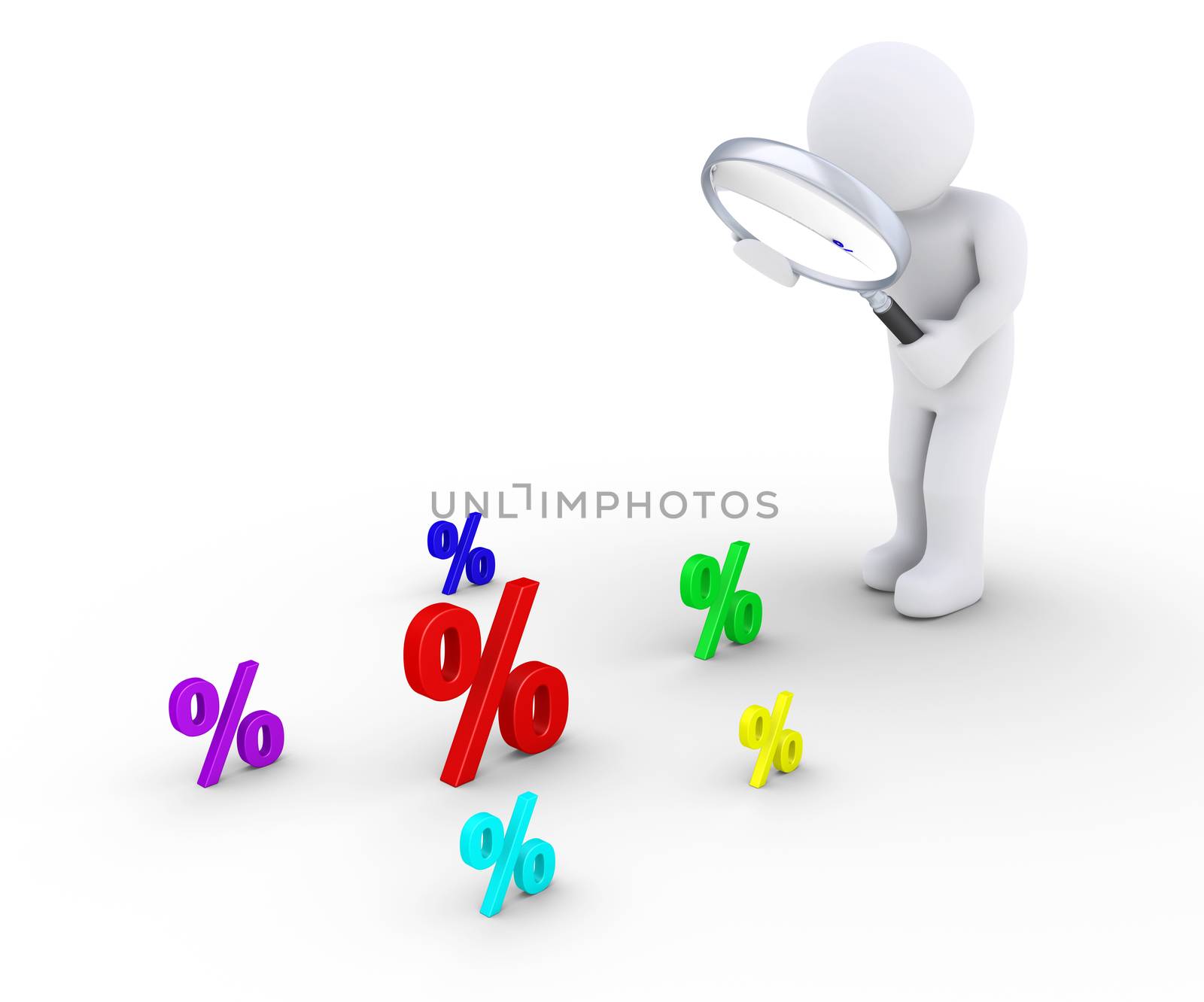 3d person with magnifier is looking at different sized percent symbols