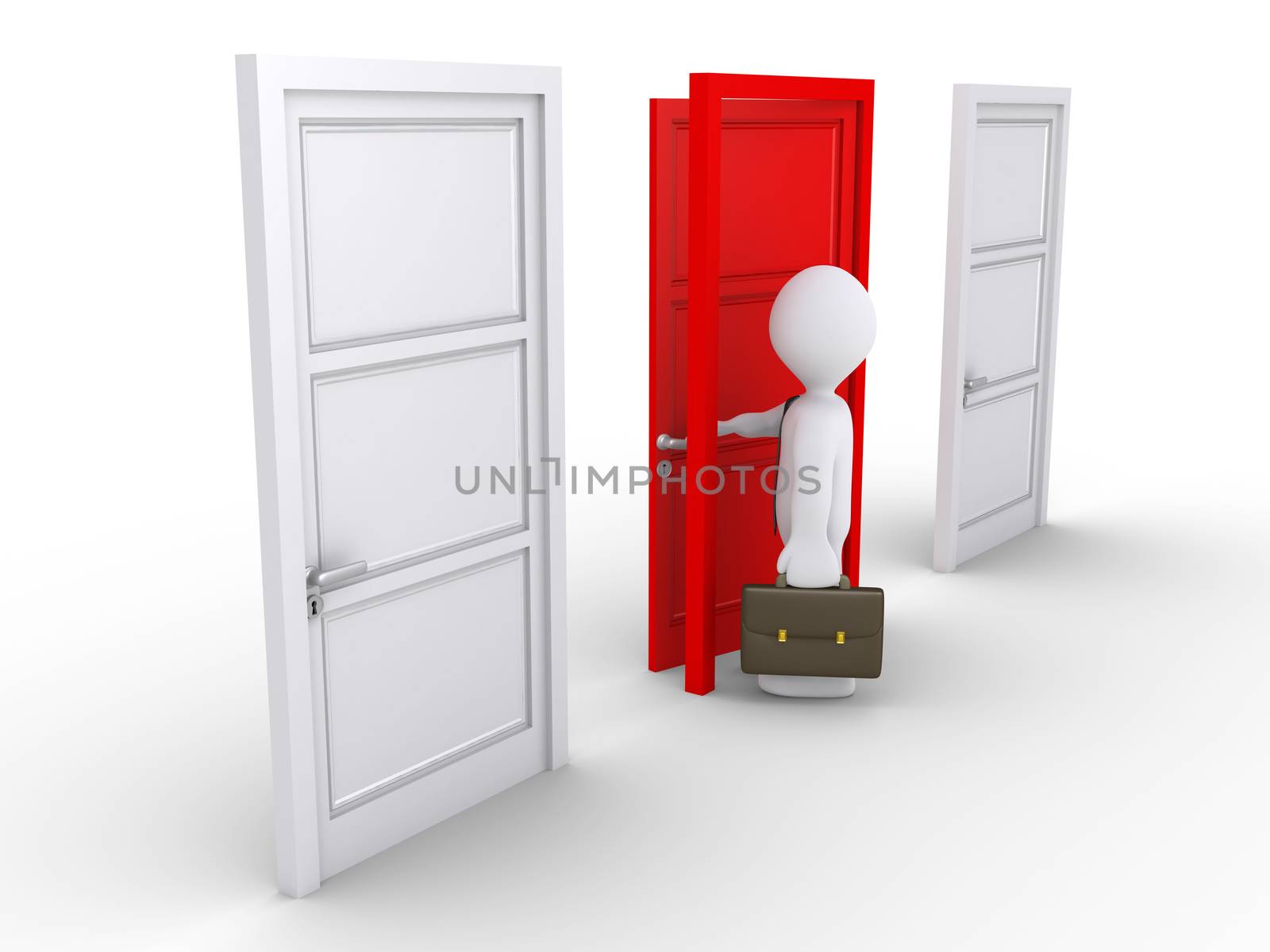 3d businessman is opening the red door of the three