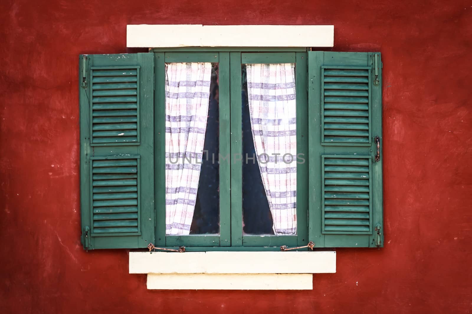 Old Green Window with Curtain on Red Wall, Vignette by punpleng