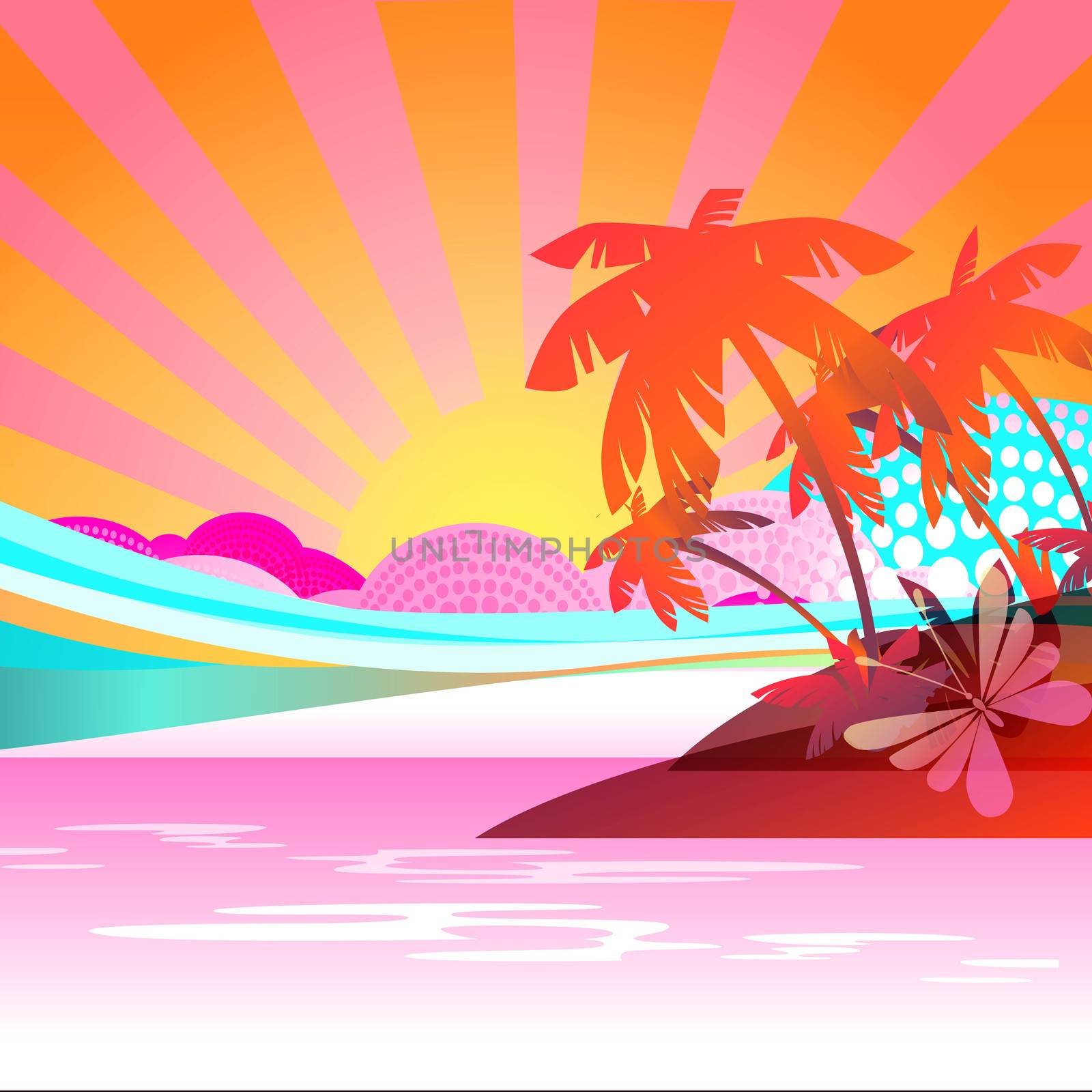 Abstract Summer background with sun, ocean, and palms 