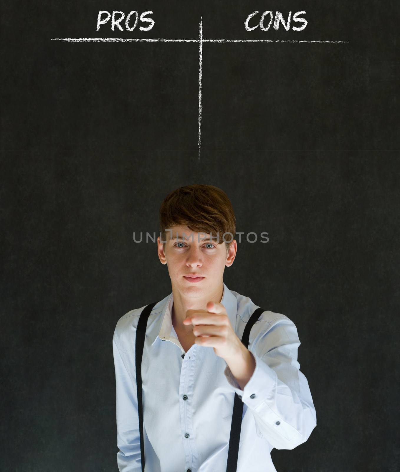 Businessman, student or teacher thinking pros and cons decision list chalk concept blackboard background