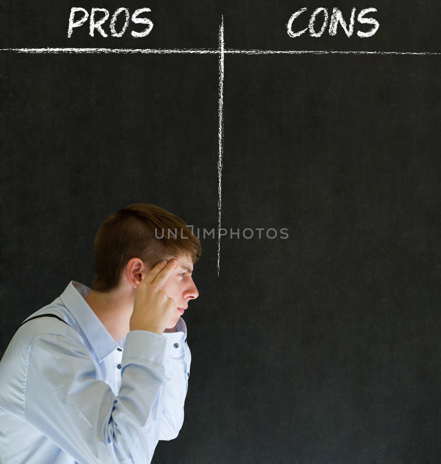 Businessman, student or teacher thinking pros and cons decision list chalk concept blackboard background