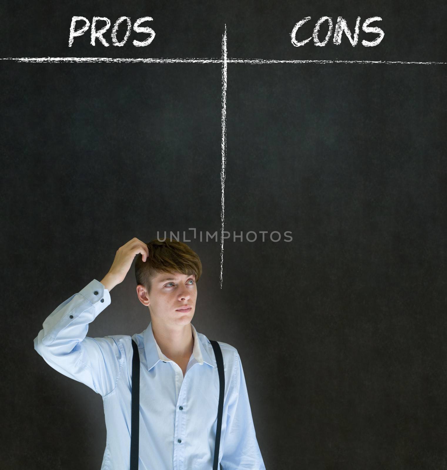 Businessman, student or teacher pros and cons decision list by alistaircotton