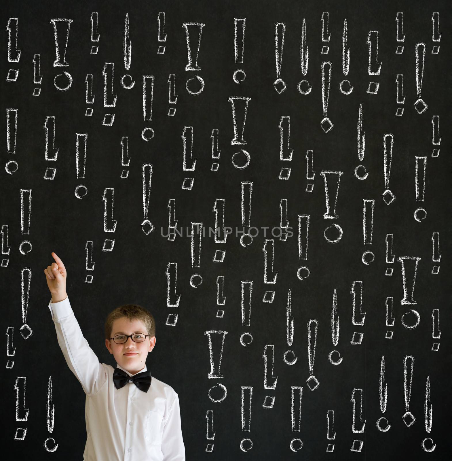 Hand up answer boy business man with chalk exclamation marks by alistaircotton