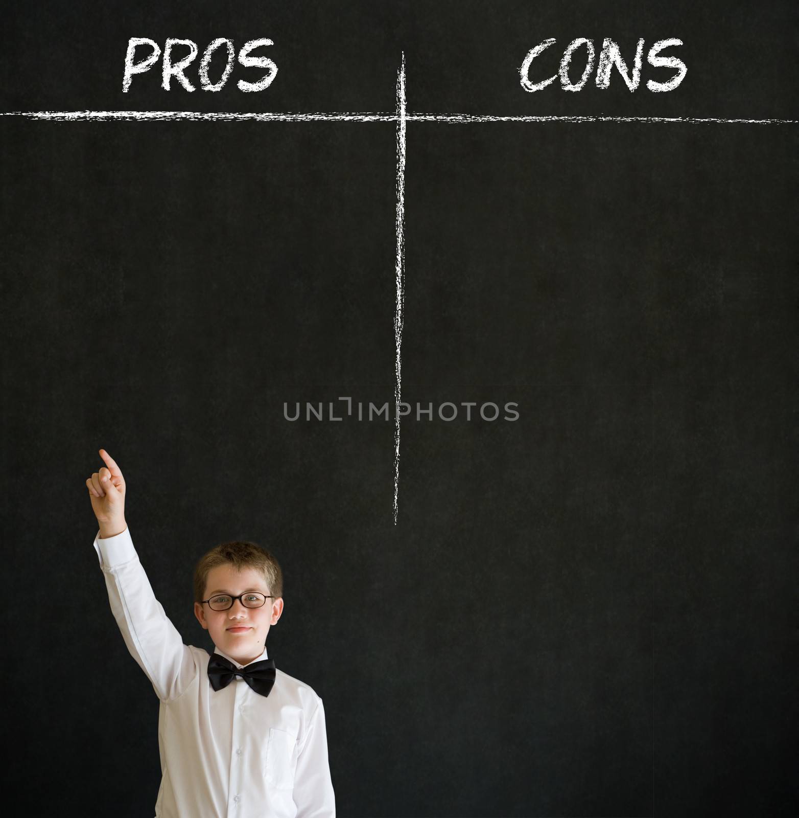 Hand up answer boy business man with pros and cons list by alistaircotton