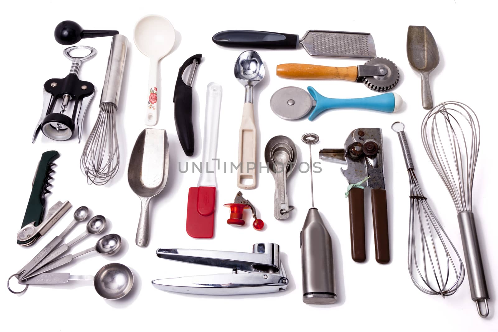 A collection of kitchen tools and utensils on a white background.