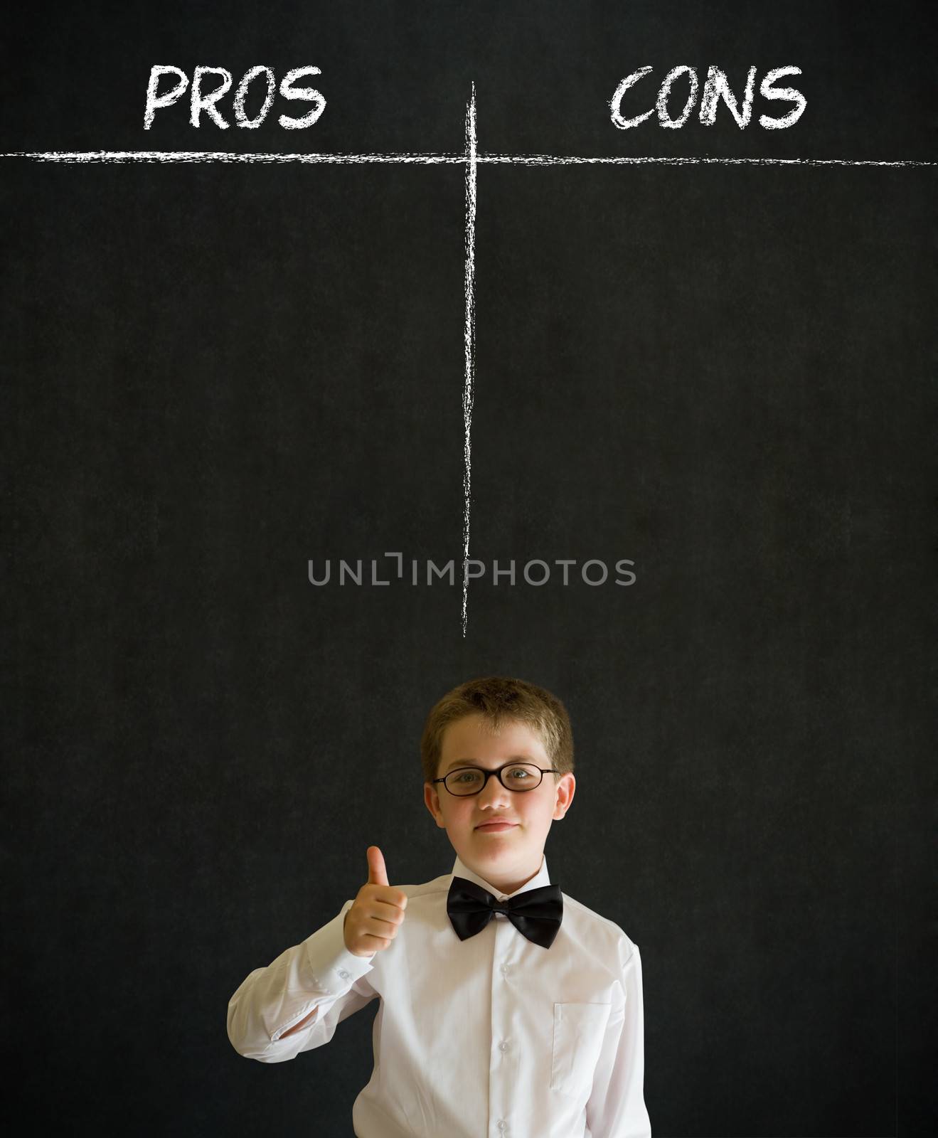 Thumbs up boy business man with pros and cons list by alistaircotton