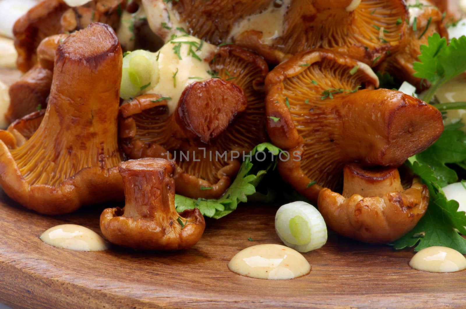Delicious Roasted Edible Chanterelles Mushrooms with Cheese Sauce and Greens closeup on Wooden Plate