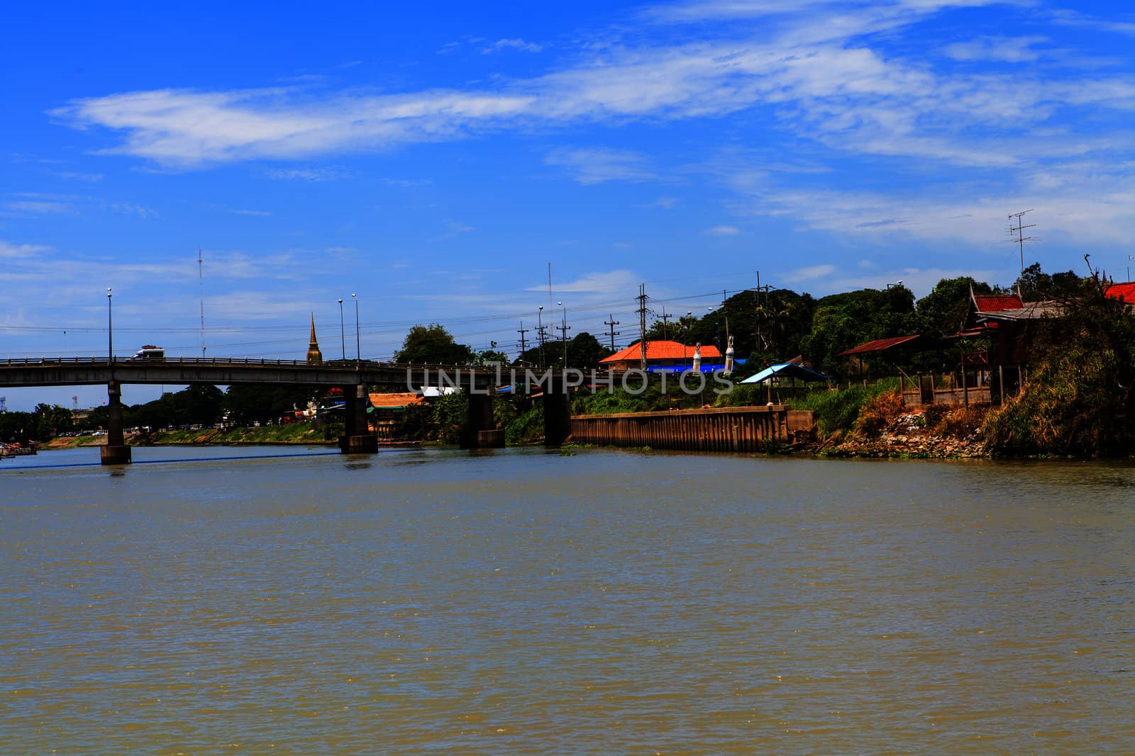 summer landscape with river and blue sky  by thanomphong
