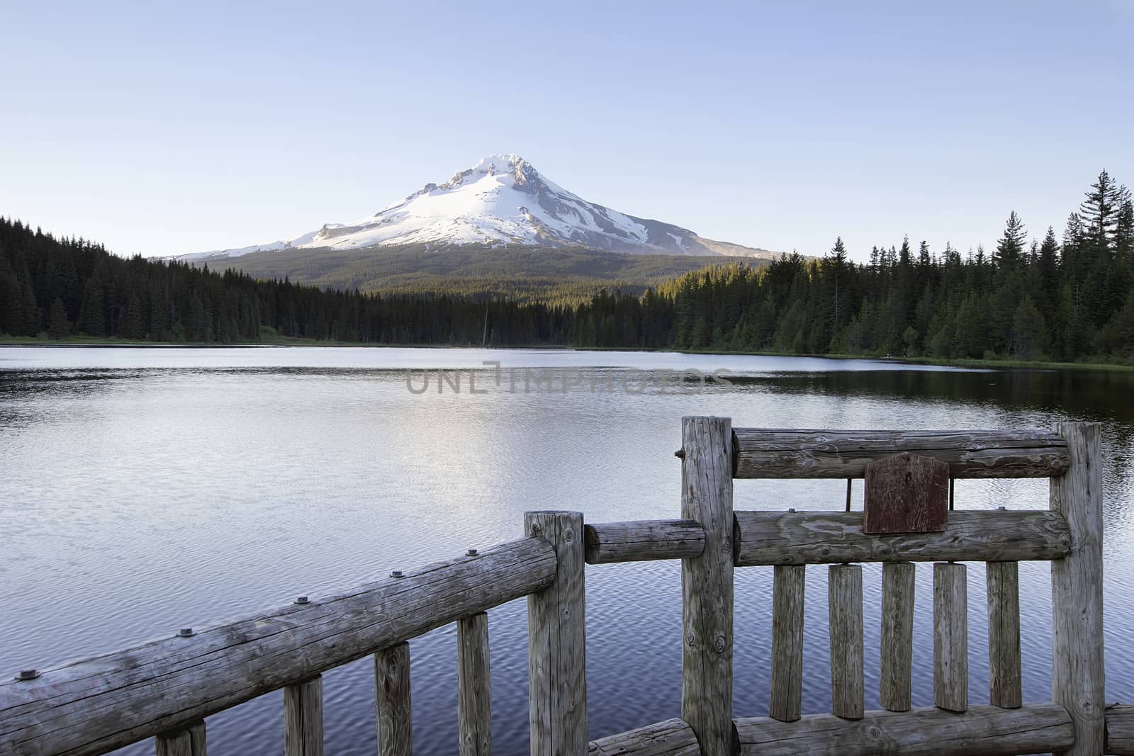 Fishing Pier at Trillium Lake Oregon with Mt Hood and Clear Blue Sky
