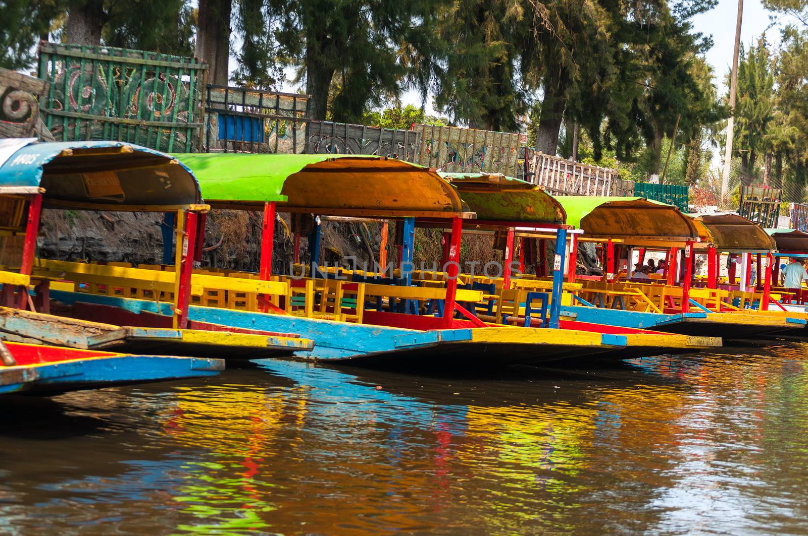 Bright colorful boats on the Xochimilco canal in Mexico City