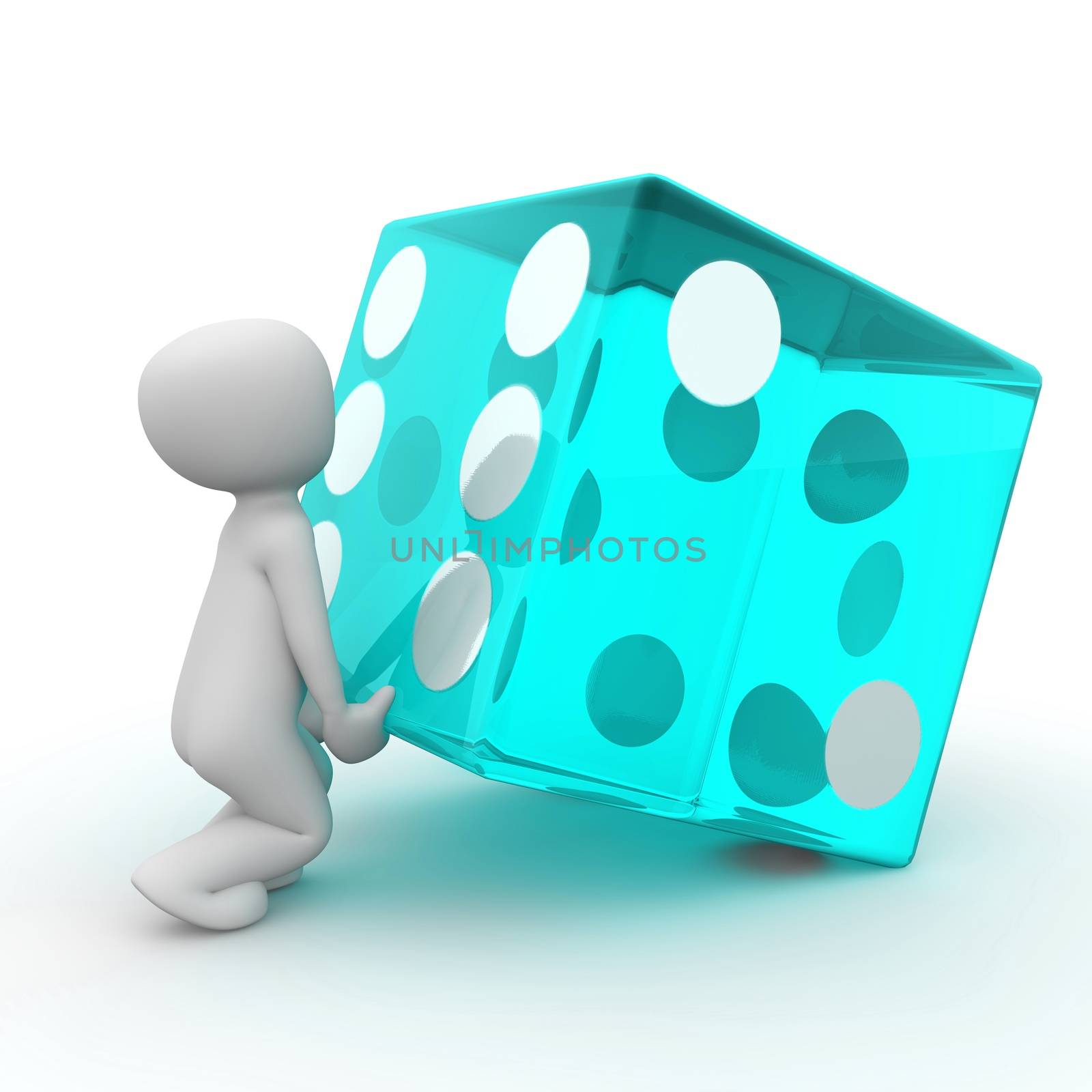 A character tries to lift as large blue cube like himself.
