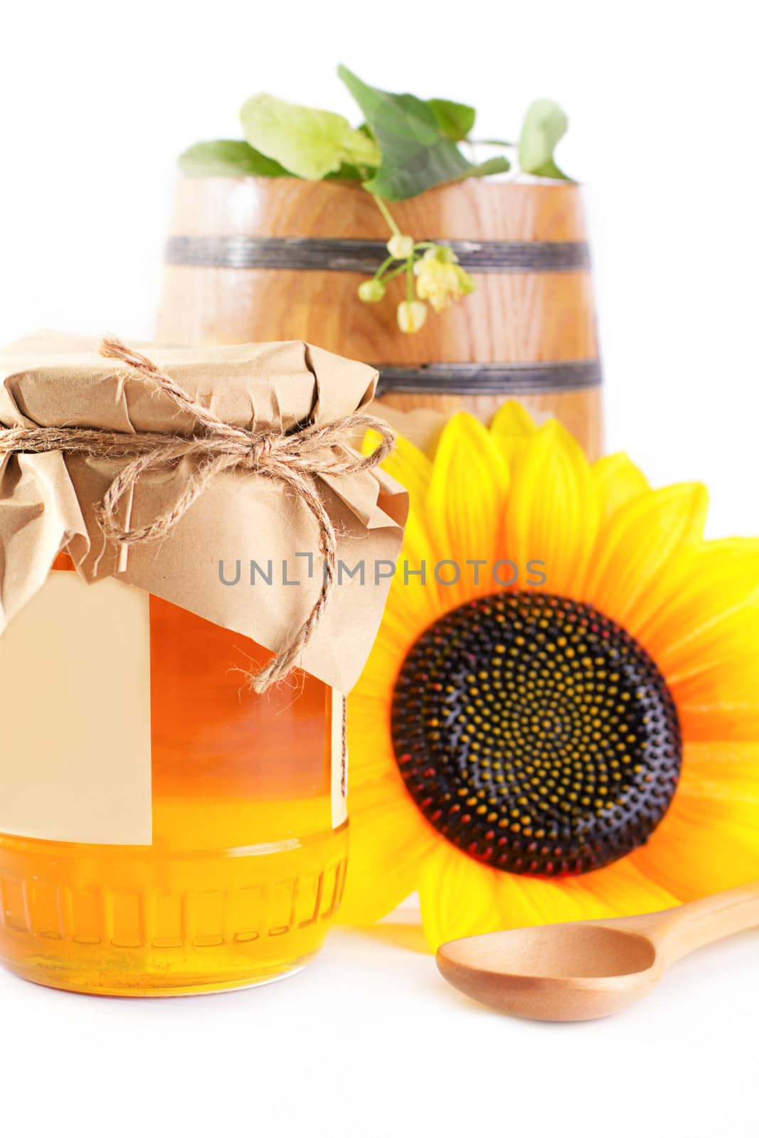 Jar and barrel with honey and flowers by Angel_a