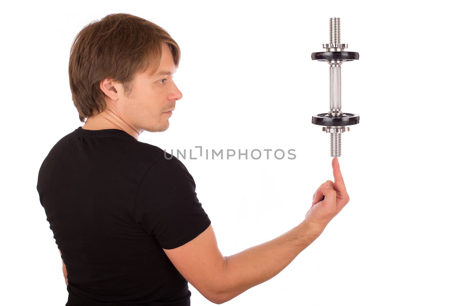 Man play with heavy dumbbell. Isolated on white background.