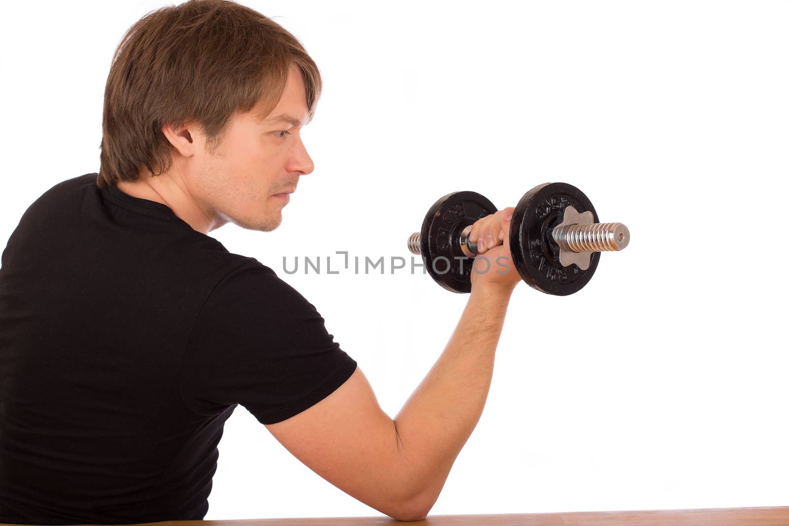 Man make exercise with dumbbell. Isolated on white background.