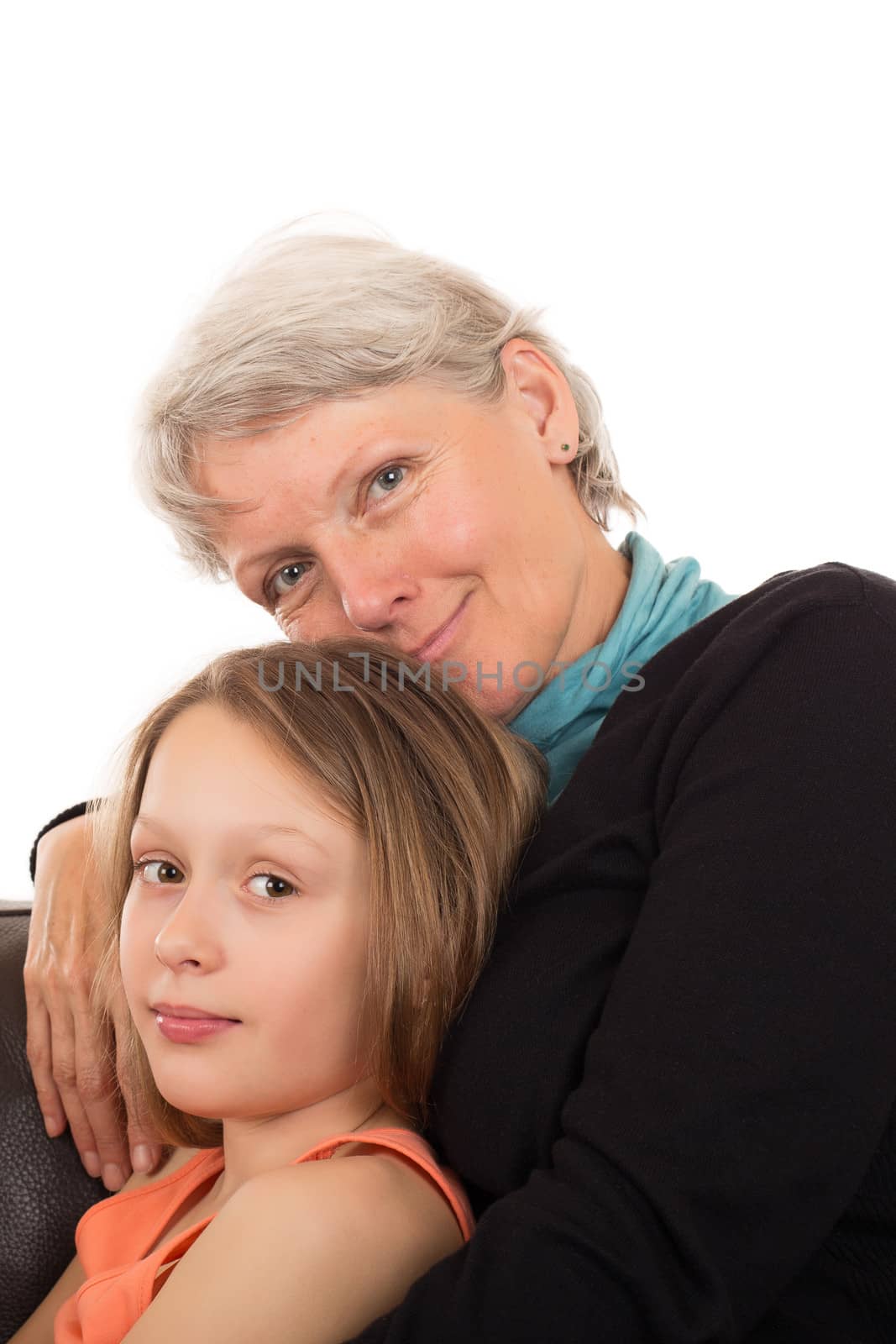 Portrait of senior and child. Isolated on a white background.