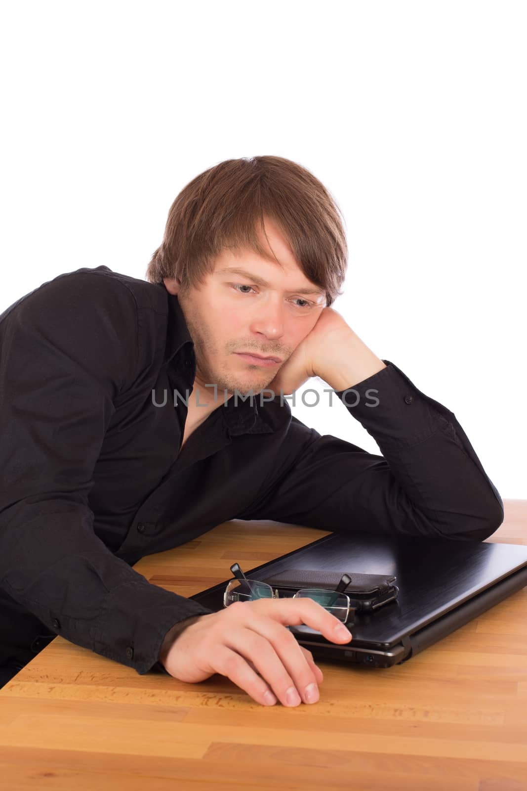 Serene man thinking about a business idea. Isolated on a white background.