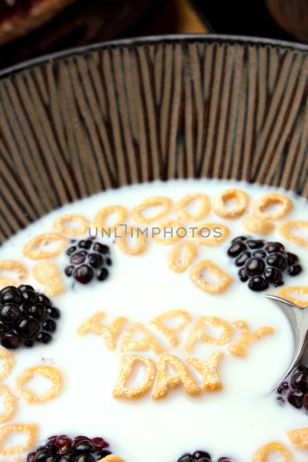 The words HAPPY DAY spelled out of letter shaped cereal pieces floating in a milk filled cereal bowl.