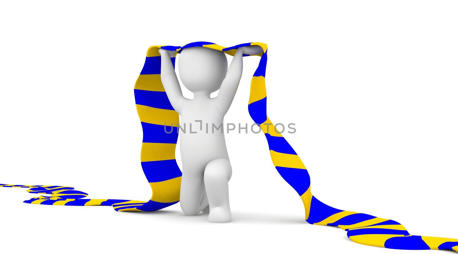 The character is a soccer fan and holding a blue and yellow scarf in hands.