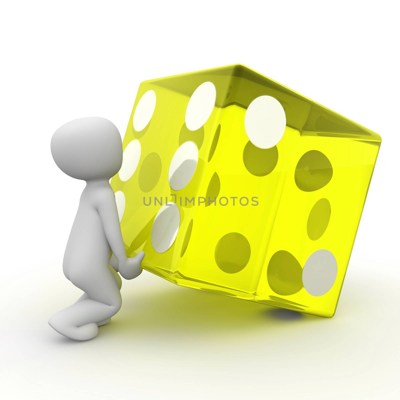 A character tries to lift as large yellow cube like himself.