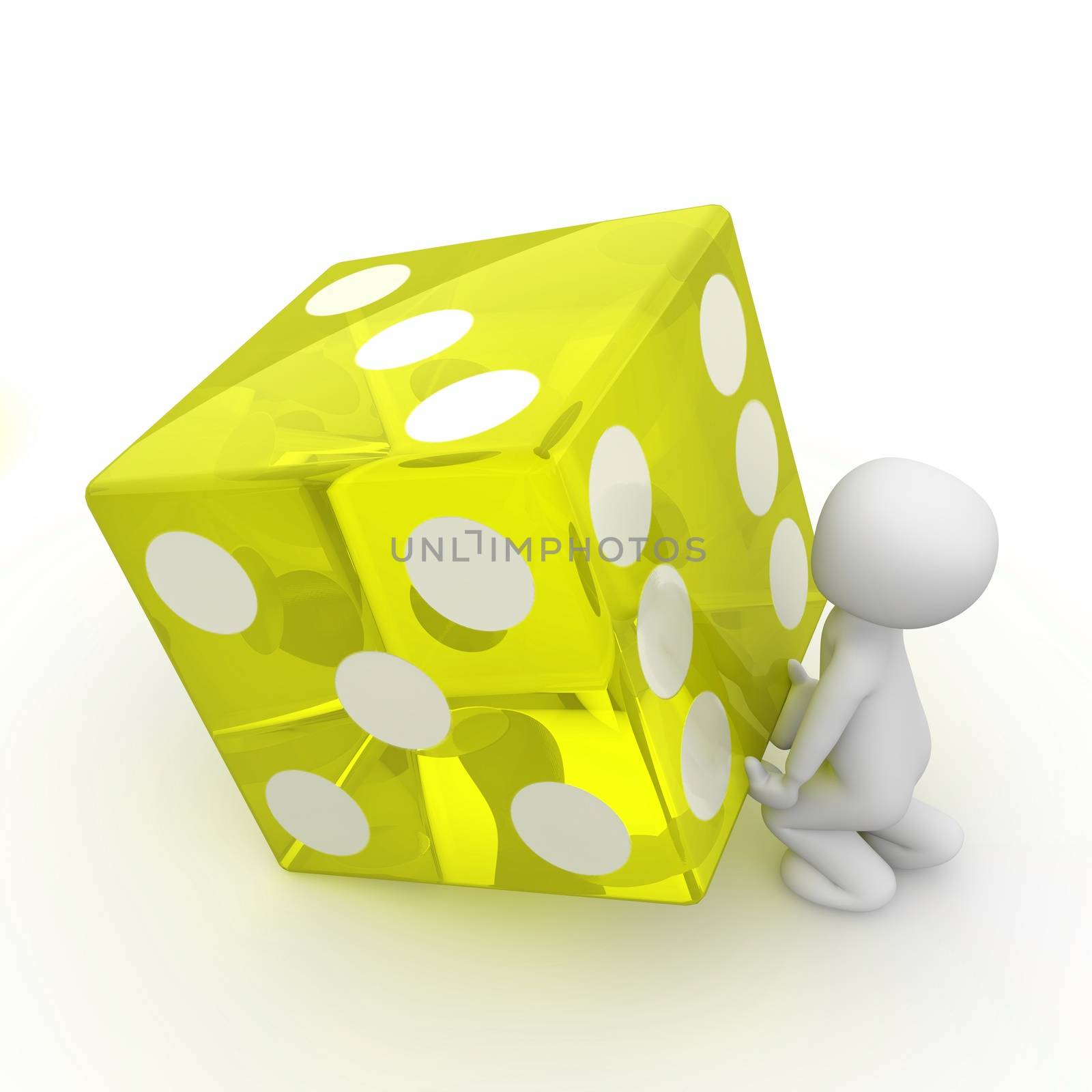 A character tries to lift as large yellow cube like himself.