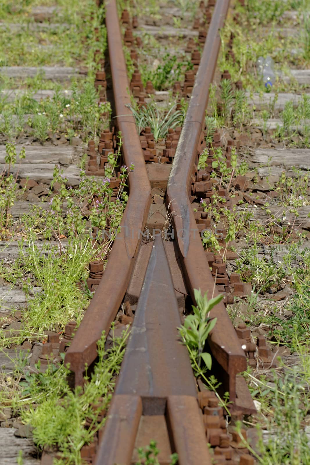 rusty railway track crossing