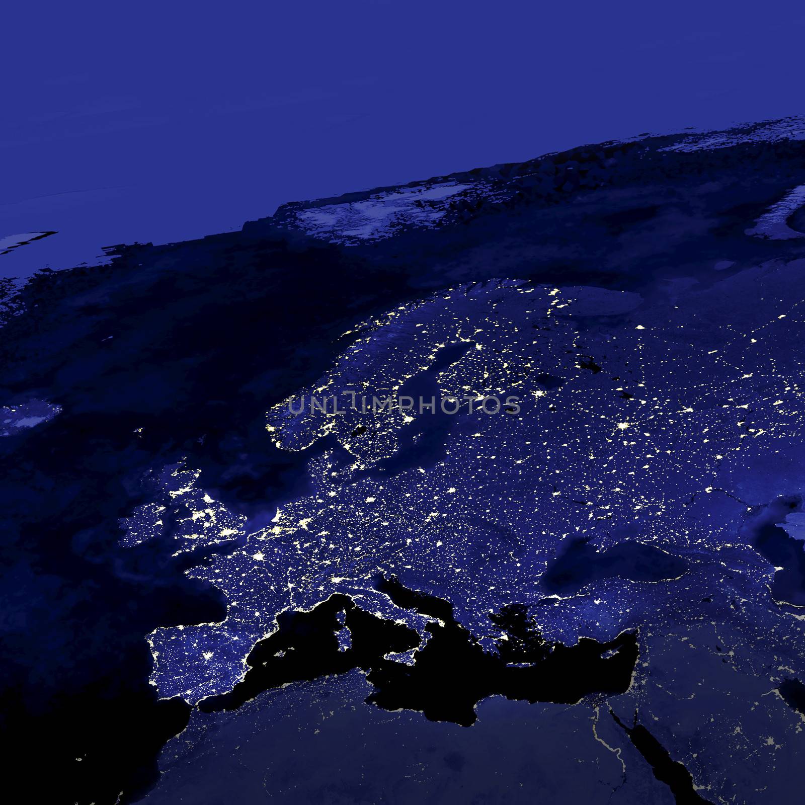 This image of Europe city lights was created with data from the Defense Meteorological Satellite Program (DMSP) Operational Linescan System (OLS). Originally designed to view clouds by moonlight, the OLS is also used to map the locations of permanent lights on the Earth's surface.

The brightest areas of the Earth are the most urbanized, but not necessarily the most populated. (Compare western Europe with China and India.) 
Cities tend to grow along coastlines and transportation networks. 
Even without the underlying map, the outlines of many continents would still be visible. 
In Russia, the Trans-Siberian railroad is a thin line stretching from Moscow through the center of Asia to Vladivostok. 

Even more than 100 years after the invention of the electric light, some regions remain thinly populated and unlit. 

The Earth Observatory describe how N.A.S.A. scientists use city light data to map urbanization.

N.A.S.A. Public Image Edited.