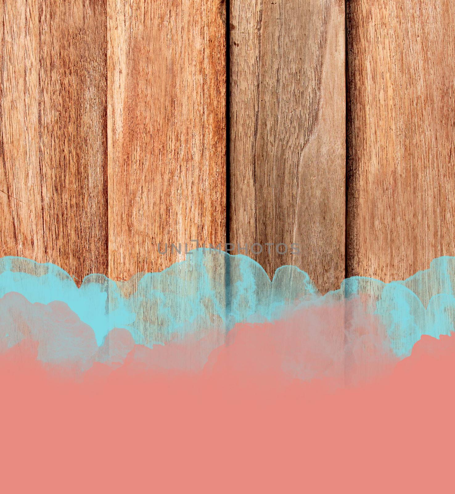 Blue and red stroke of the paint brush on wooden background  by nuchylee