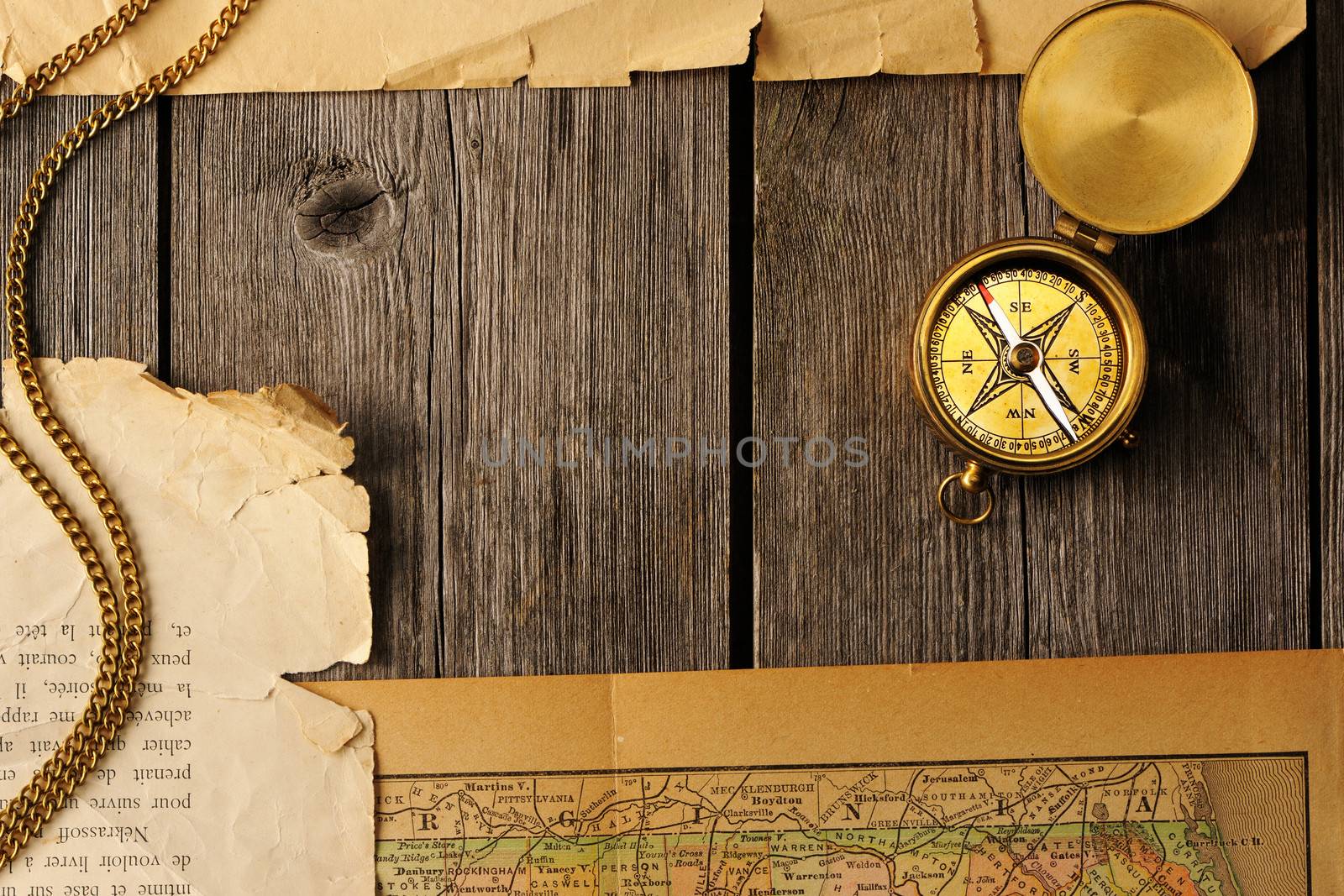 Antique brass compass over old map