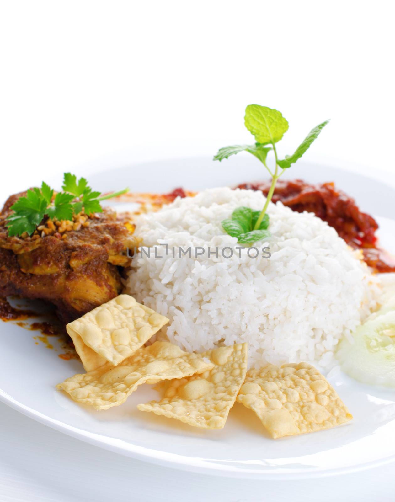 Nasi lemak traditional malaysian hot and spicy rice dish. Served with belacan, ikan bilis, acar, peanuts and cucumber. White background. Famous malaysian food.