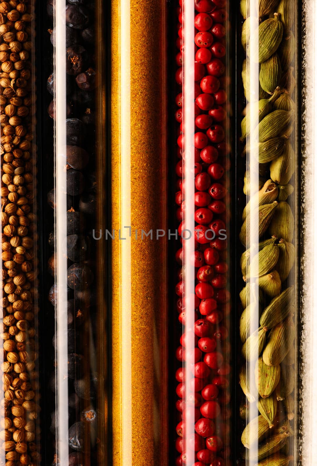 Spices in beakers close up
