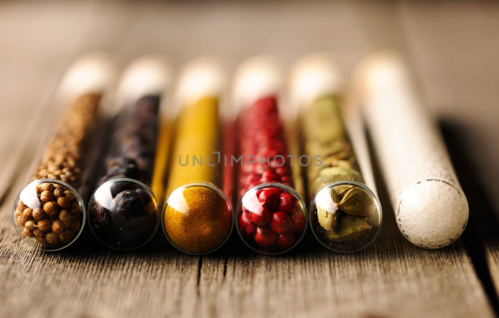 Spices in beakers close up
