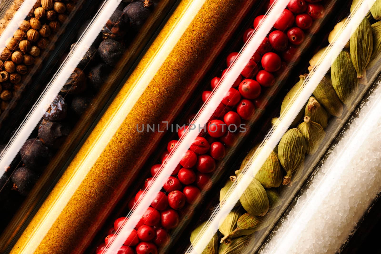 Spices in beakers close up