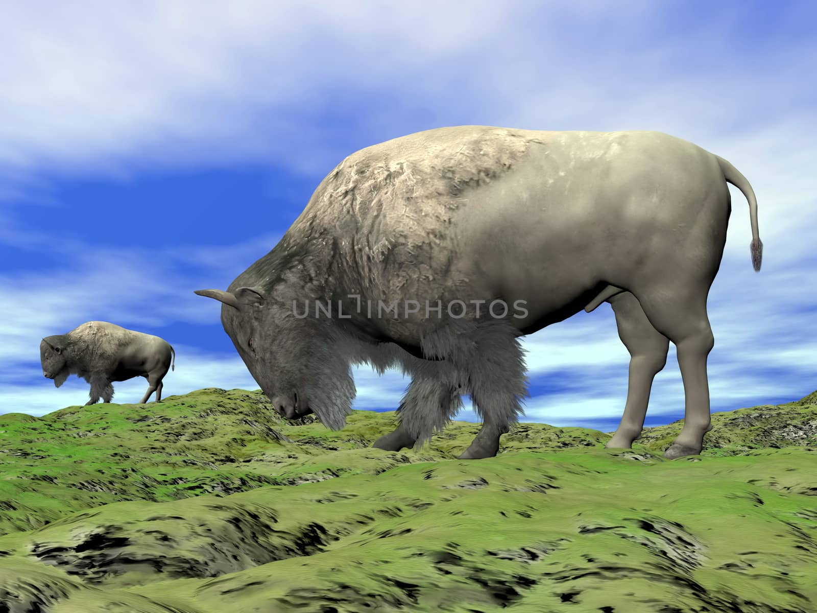 Two bisons standing and eating the green grass by beautiful cloudy day