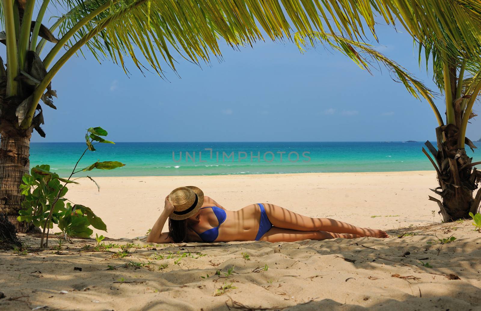 Woman at beach under palm tree with leaf shadow on her body