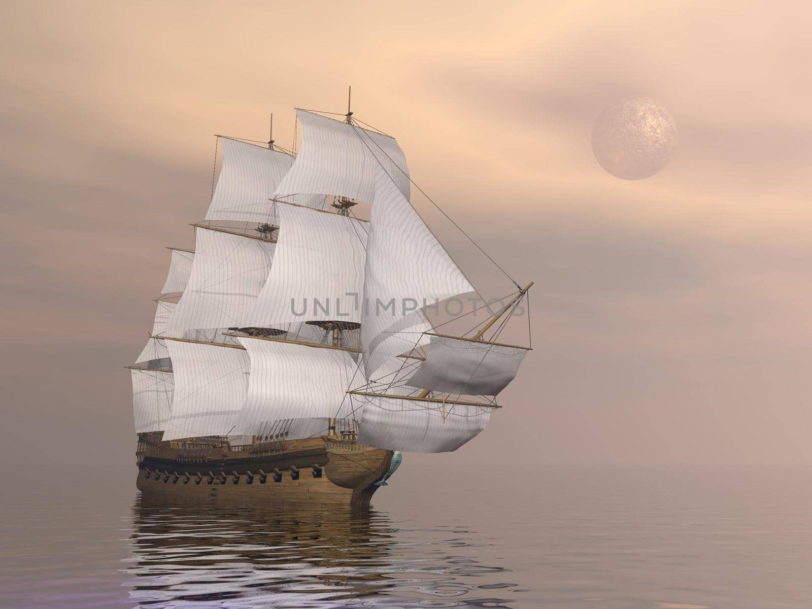 Beautiful old merchant ship floating on quiet water by sunset with full moon