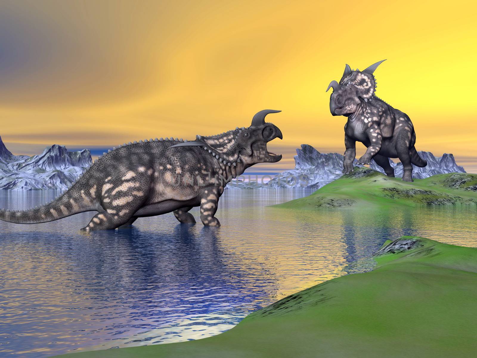 Two einiosaurus dinosaurs arguing in a landscape with water, mountains and green grass by sunset
