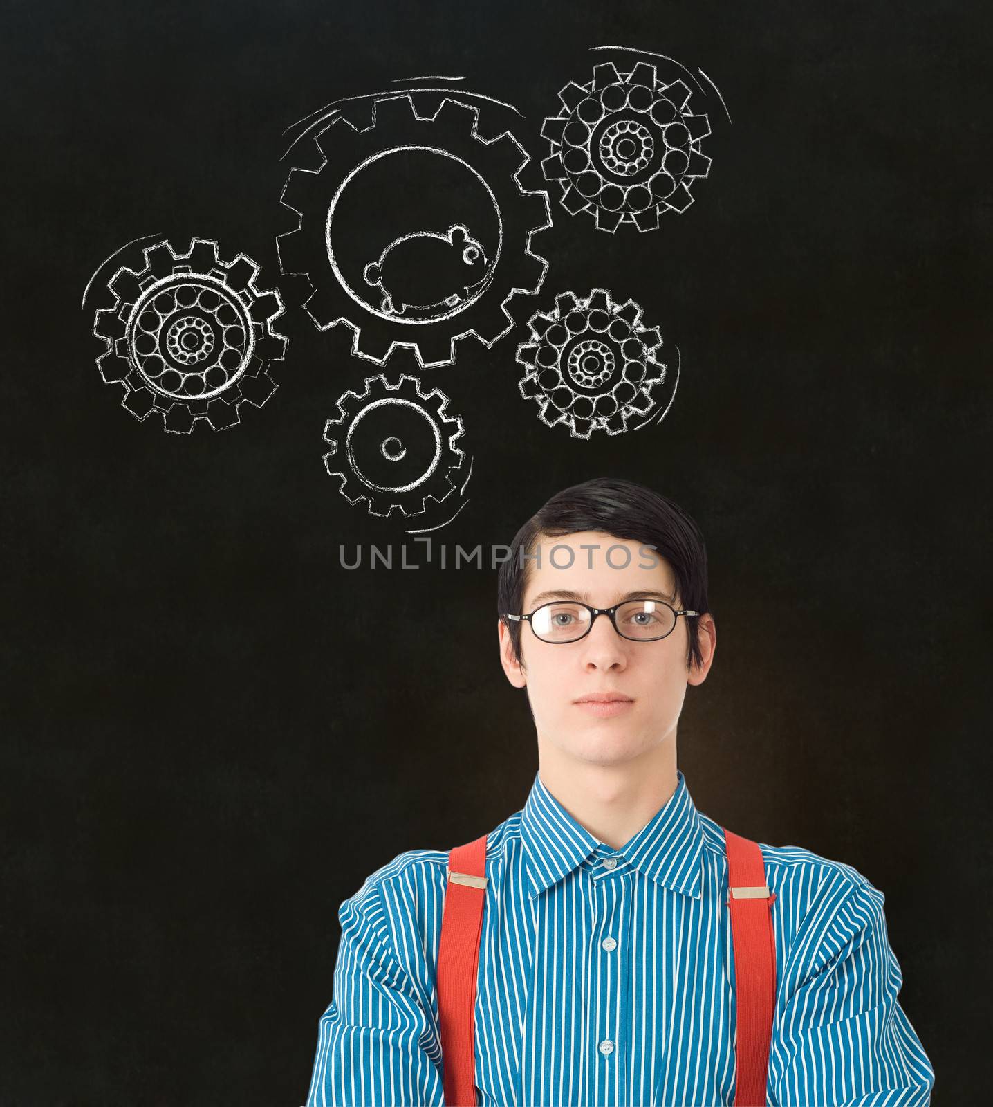 Nerd geek businessman, student or teacher with chalk running hamster thinking turning gear cogs or gears on blackboard background