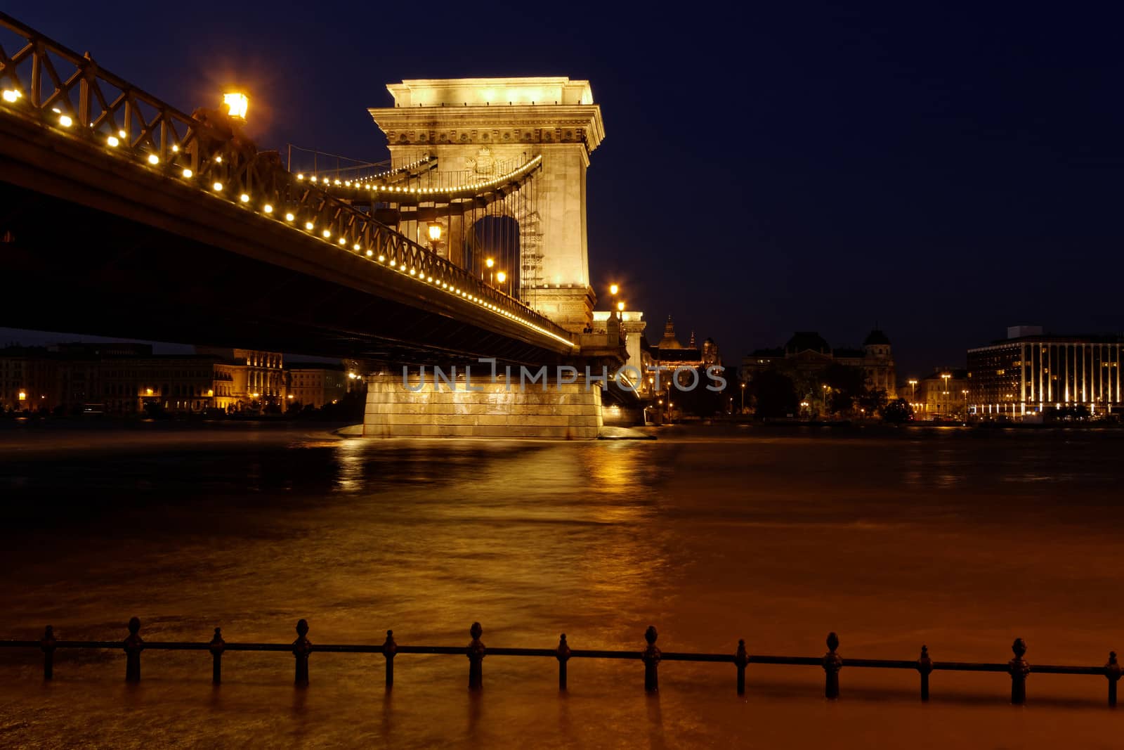 Night image with traffic of the hungarian chain Bridge extremly high donau