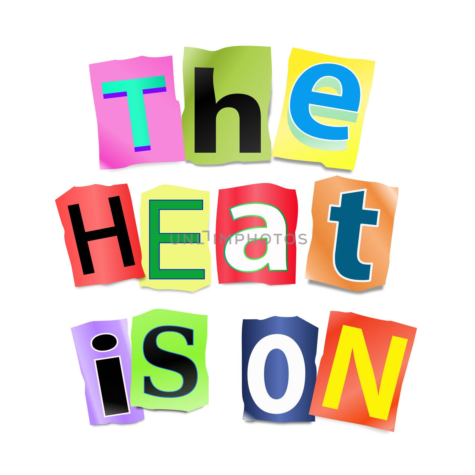 Illustration depicting a set of cut out printed letters arranged to form the words the heat is on.