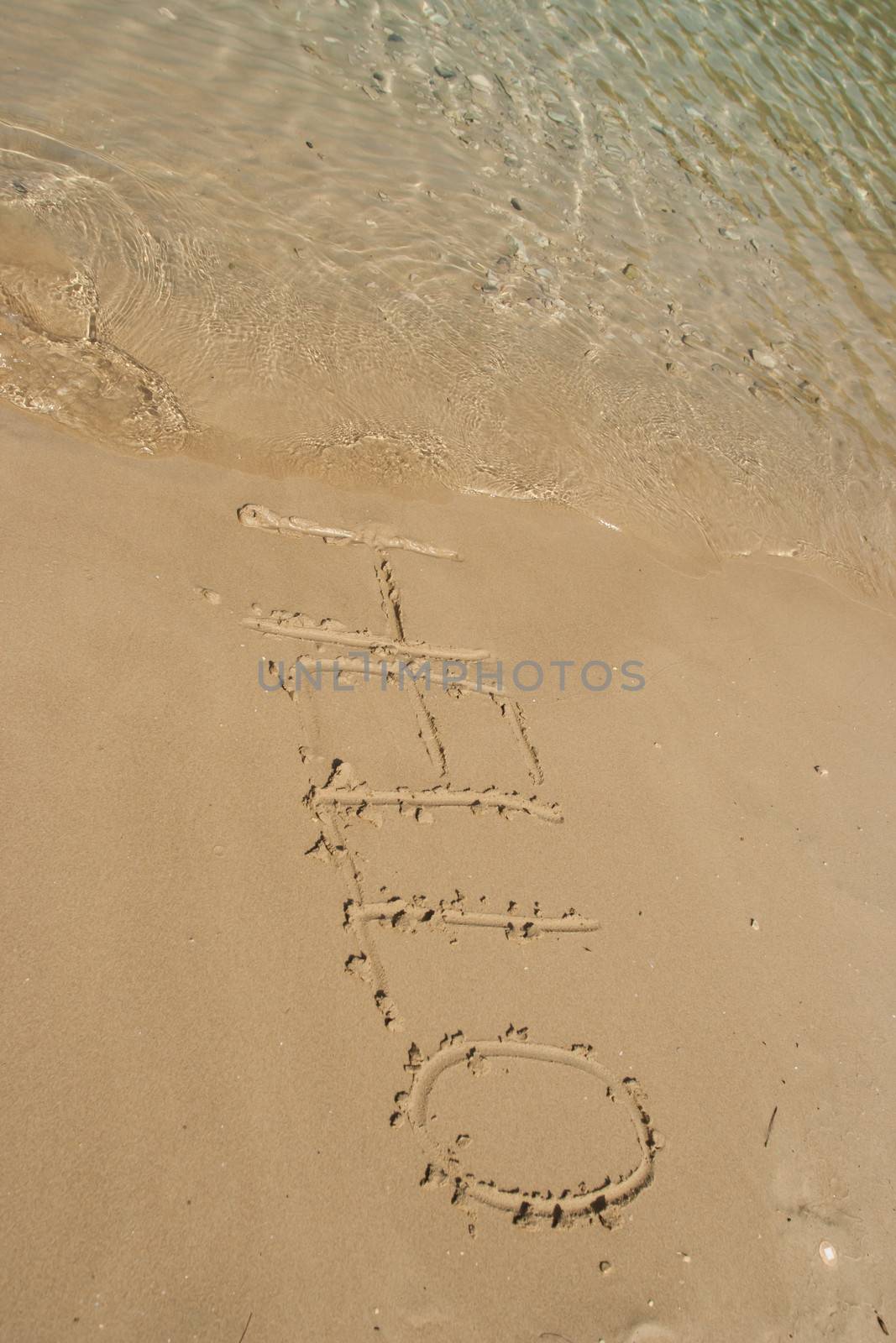 Hello word in the sand at the beach