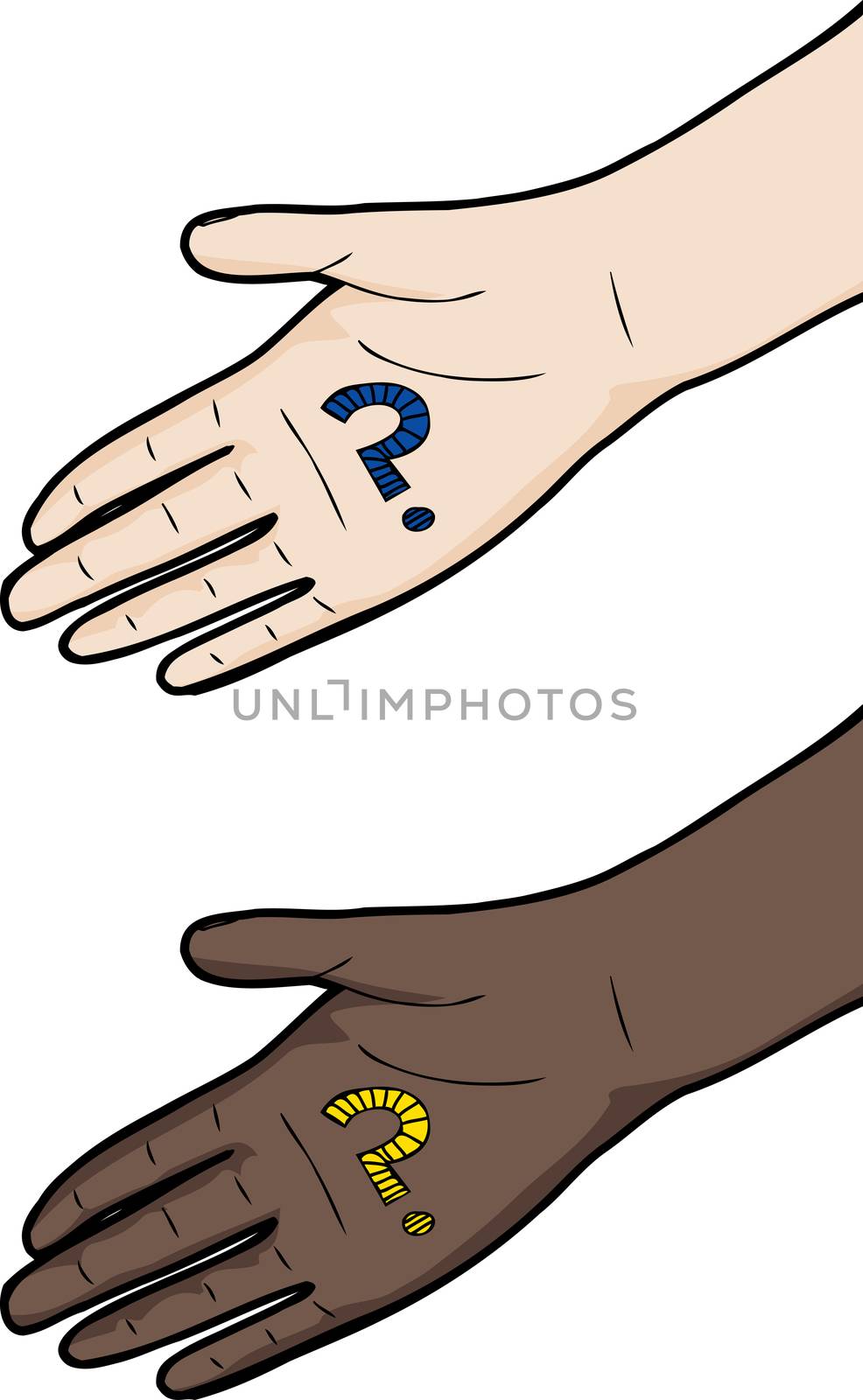 Light and dark skin hand with question mark