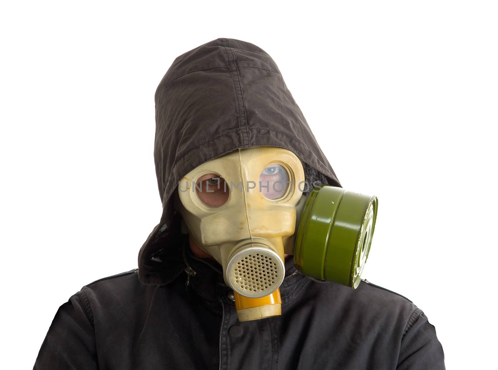 Man wearing gas mask isolated on white