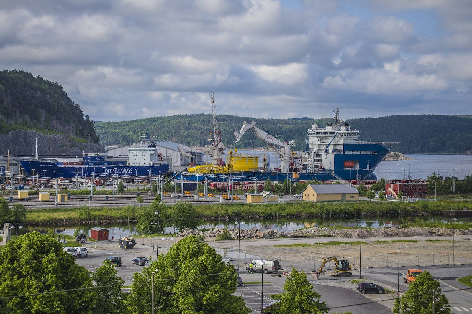 mv north sea giant moored to the dock at the port of halden, nor by steirus