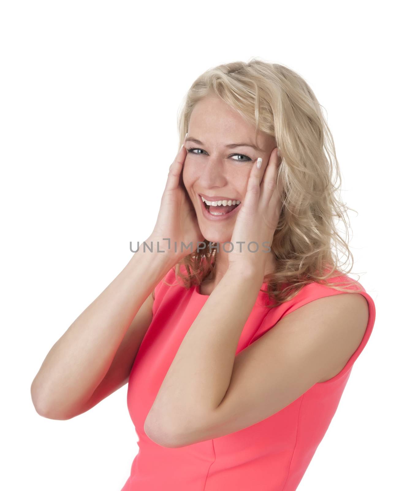 happy young woman with hands on cheek