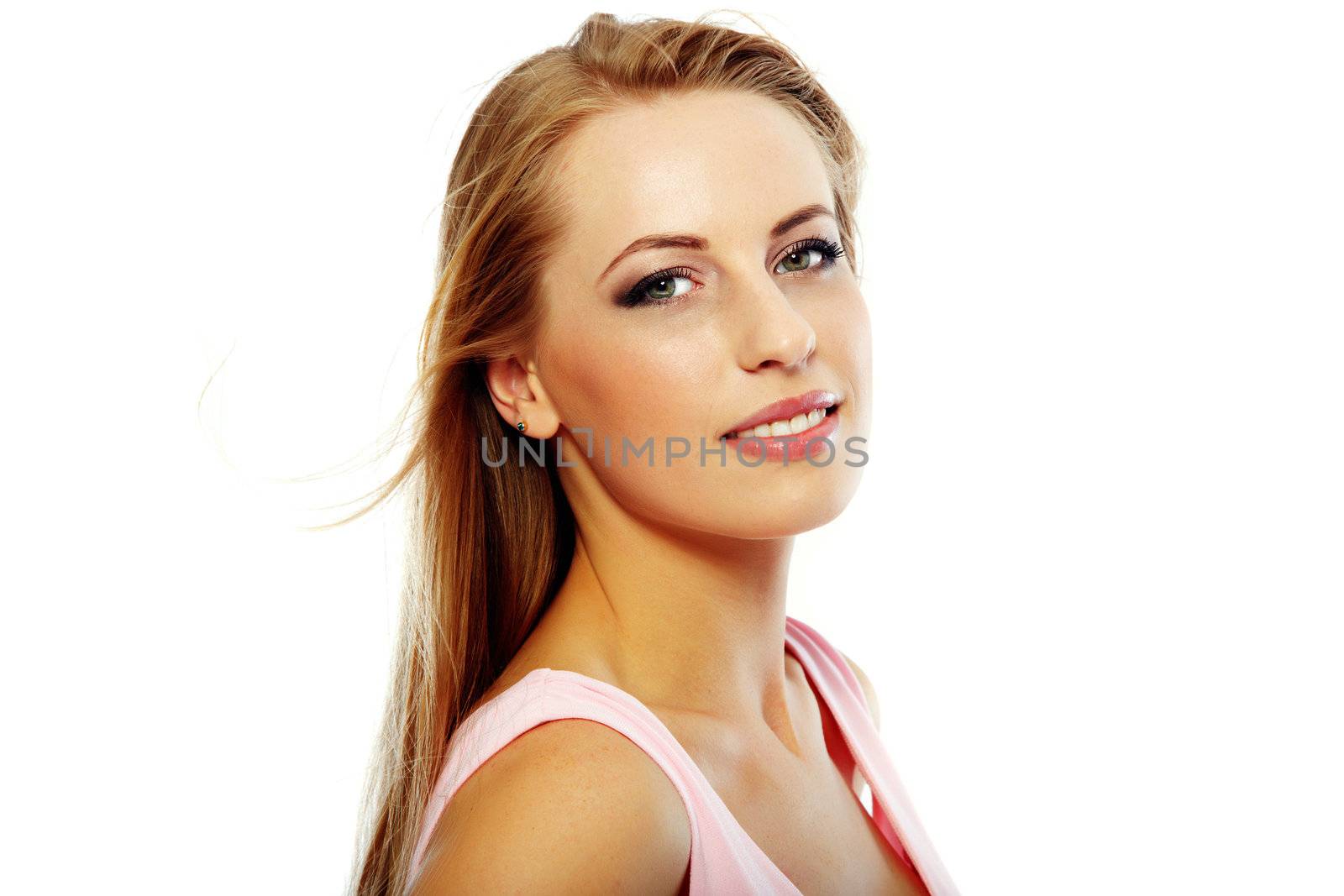 Smiling successful blond lady on a white background. Horizontal portrait