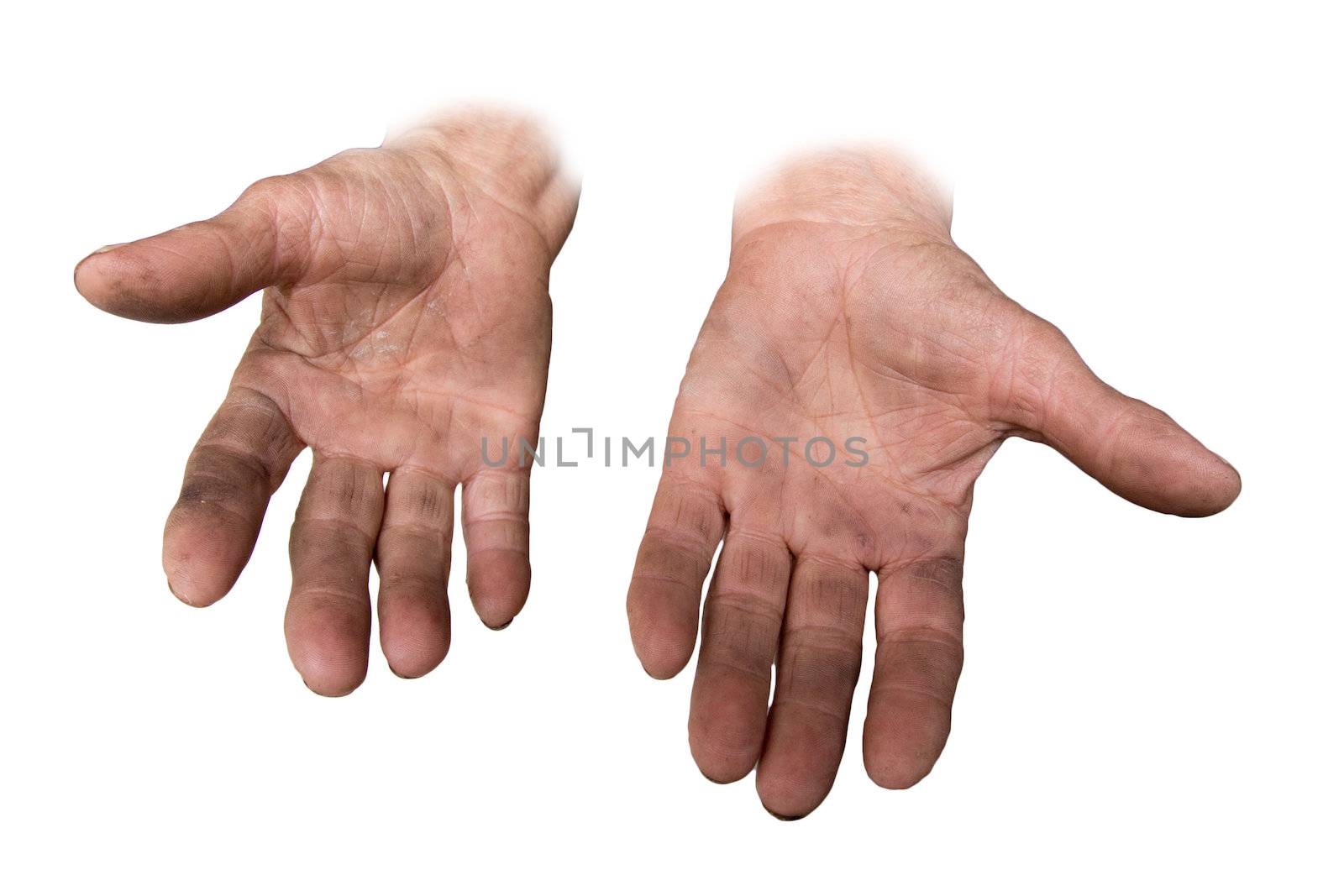 dirty hands of her grandmother on a white background