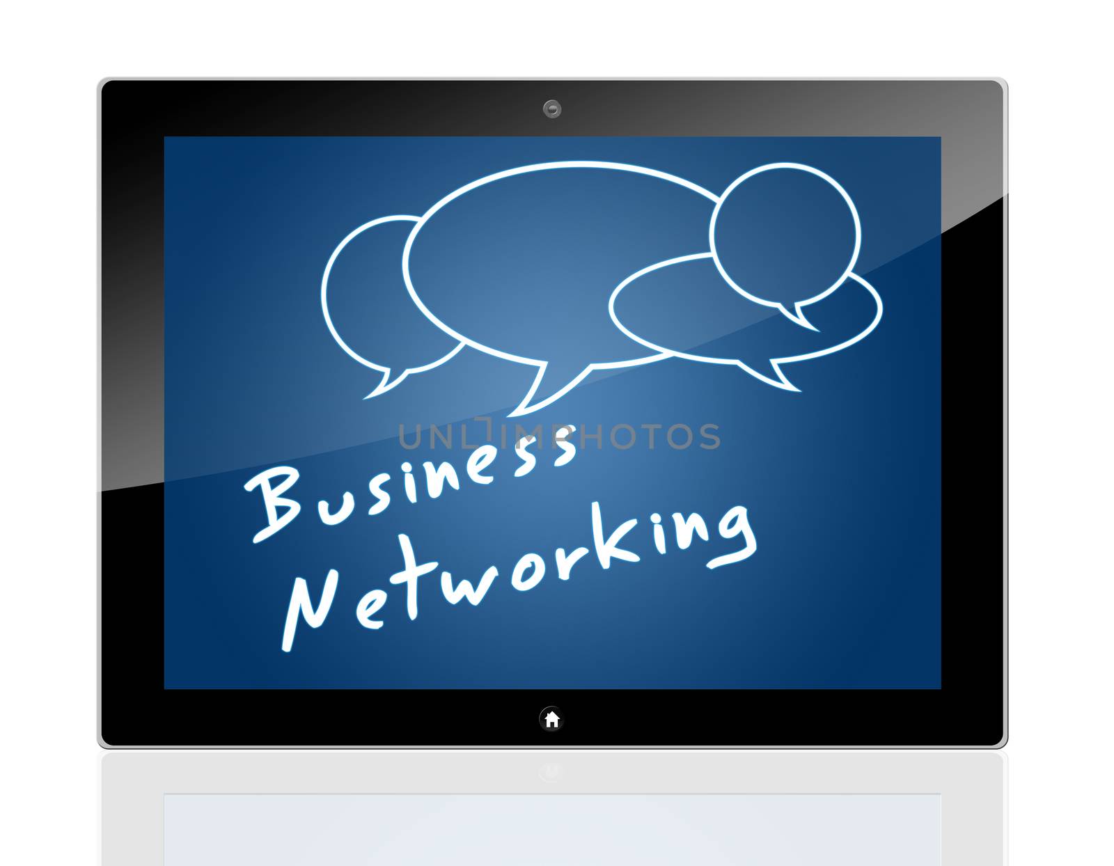 Tablet Computer with Business Network Concept on blue background.